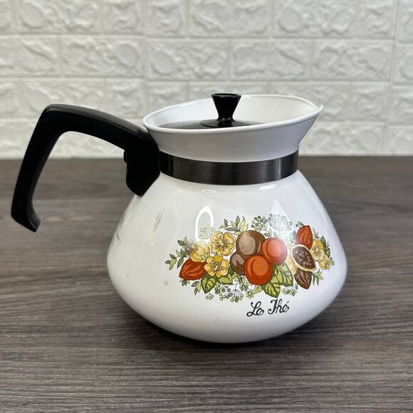Vintage Corning Ware 6 Cup Hot Water Pot Spice Of Life Design Black Handle & Lid - Picture 1 of 6